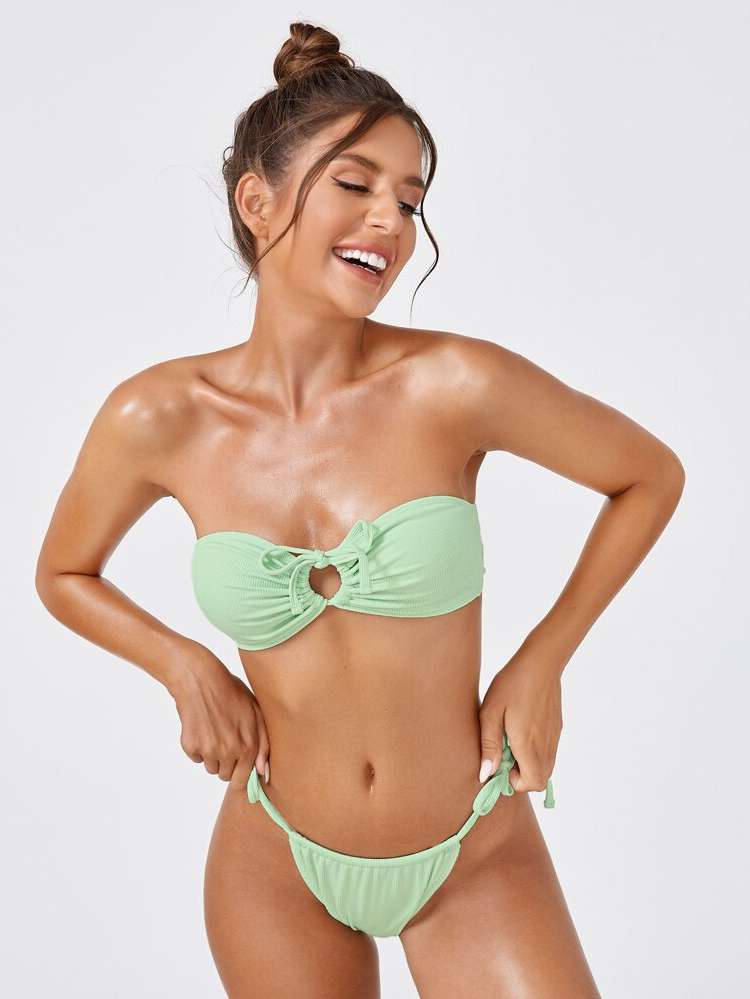 Plain Cute Green Women Beachwear 3916