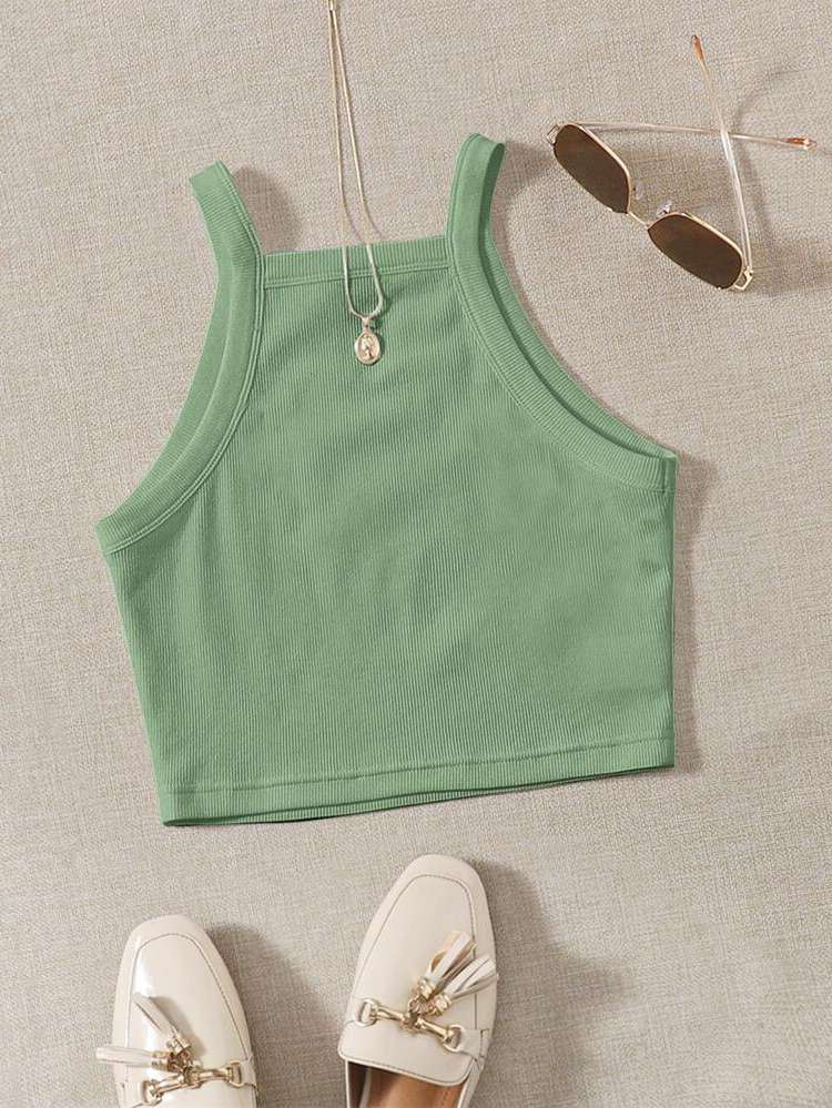 Rib-Knit Crop Green Women Tops, Blouses  Tee 146