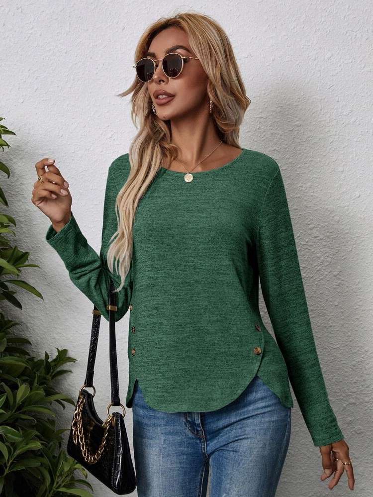 Plain Casual Fake Buttons Women Tops, Blouses  Tee 5875