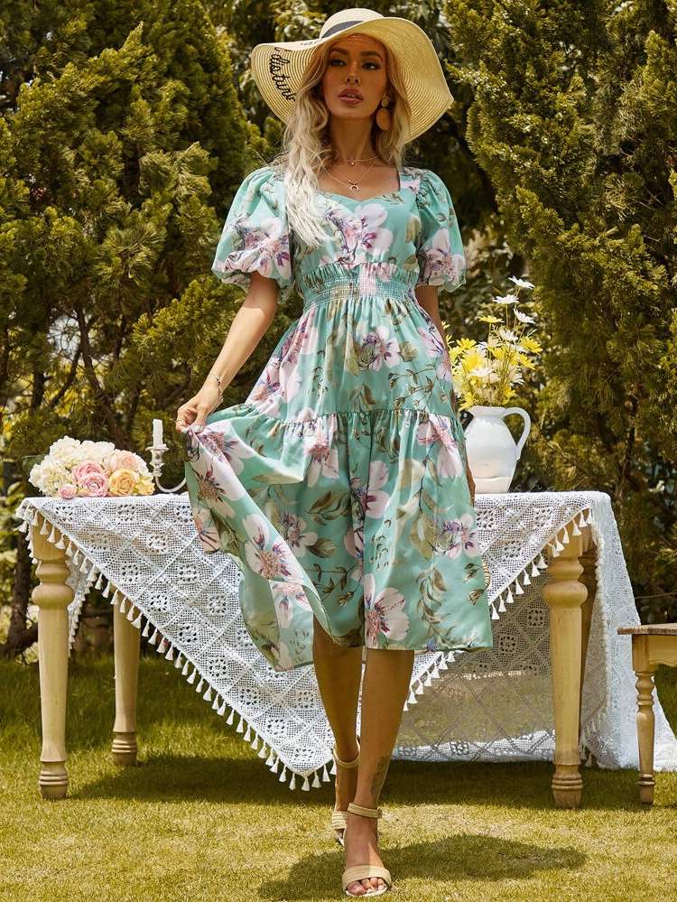 Sweetheart Short Sleeve Floral Regular Fit Women Dresses 7418