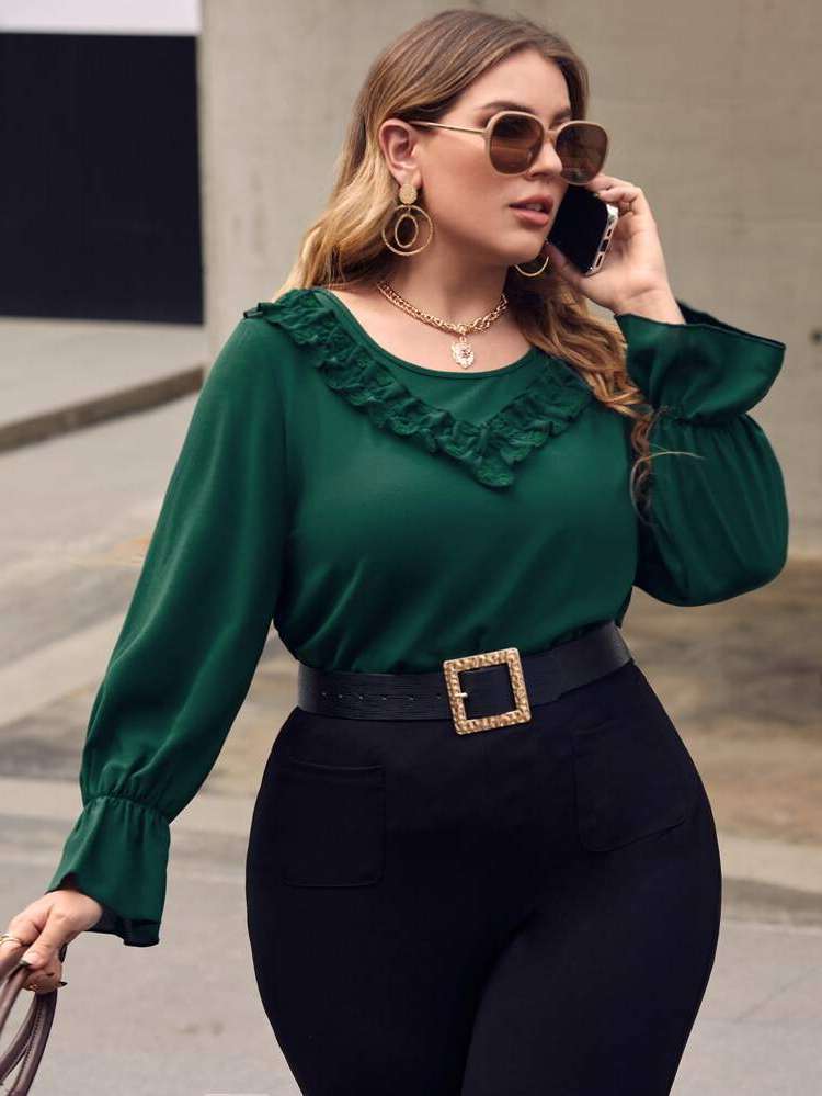 Scoop Neck Regular Fit Plain Frill Plus Size Blouses 426