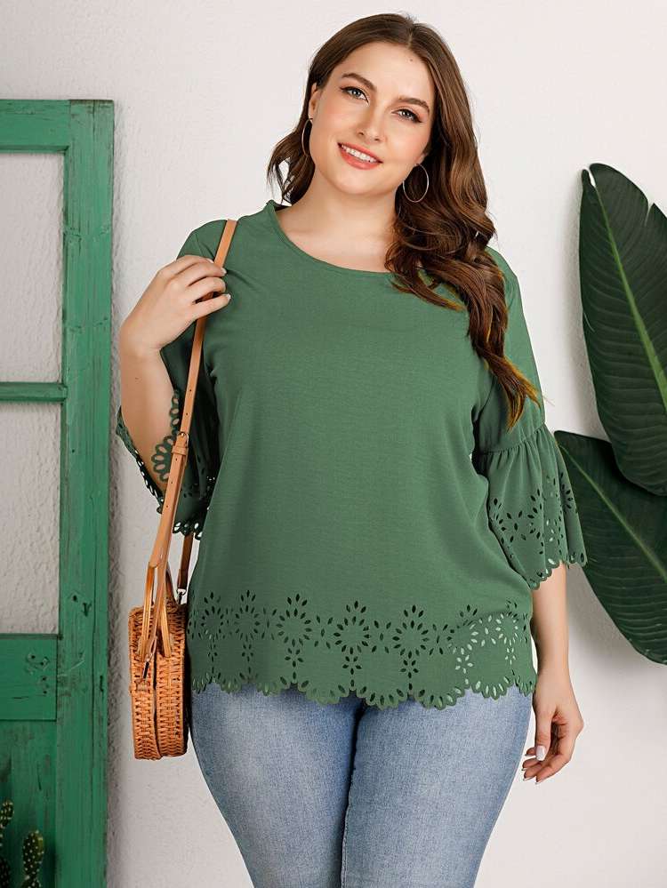 Three Quarter Length Sleeve Casual Green Plus Size Tops 2243