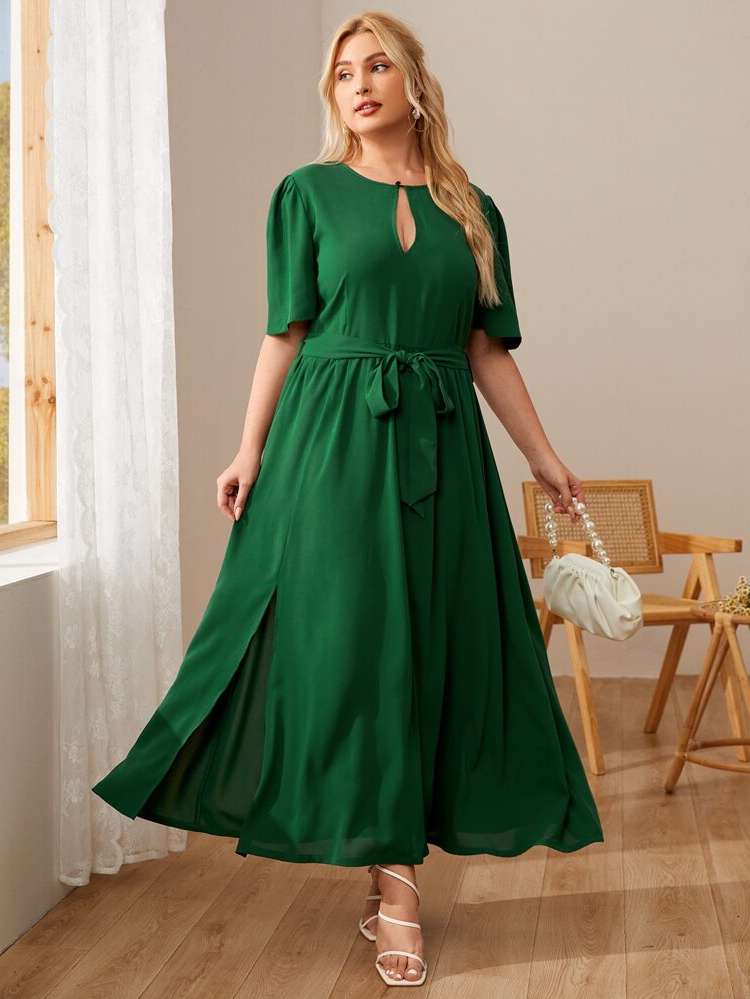 Green Short Sleeve Maxi Plus Size Dresses 1985