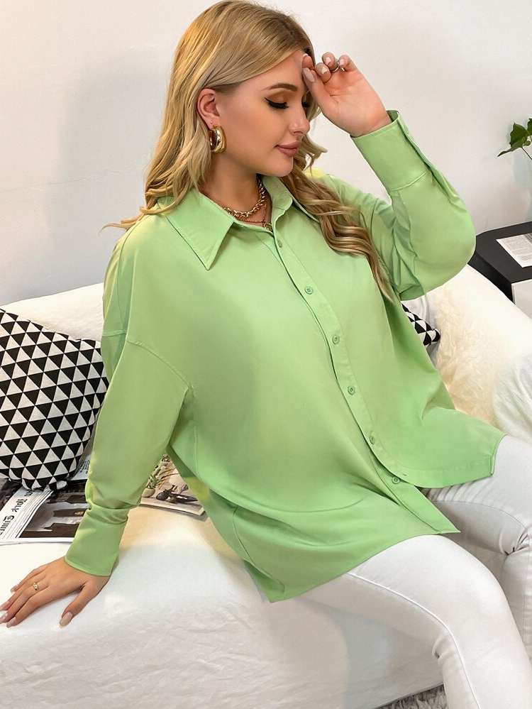 Button Front Casual Oversized Green Women Plus Clothing 5434