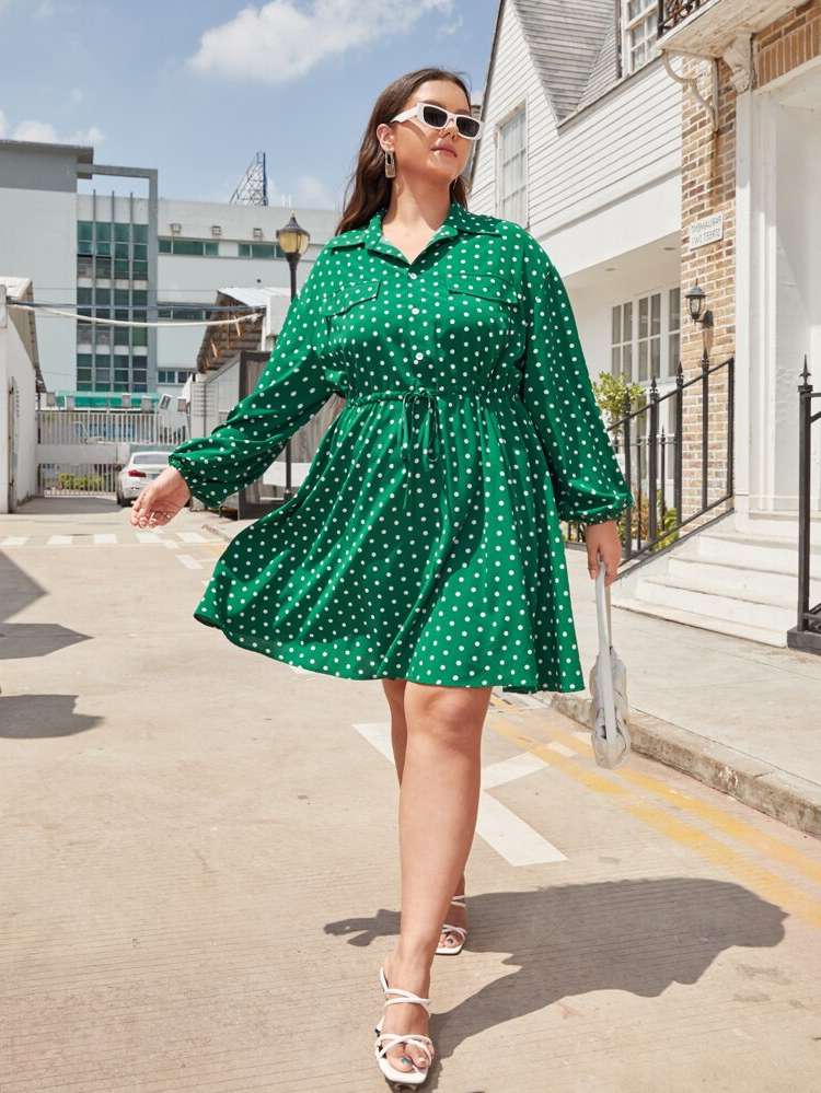 Collar Polka Dot Regular Fit Belted Plus Size Dresses 9999