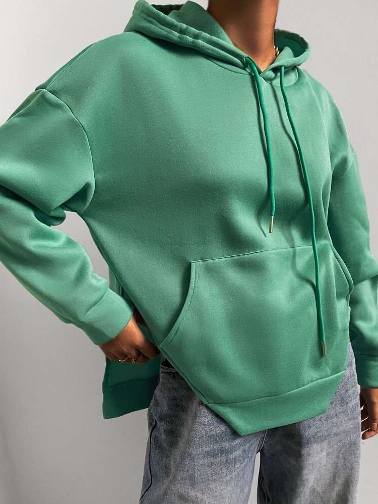 Long Sleeve Plain Green Drawstring Women Sweatshirts 1252