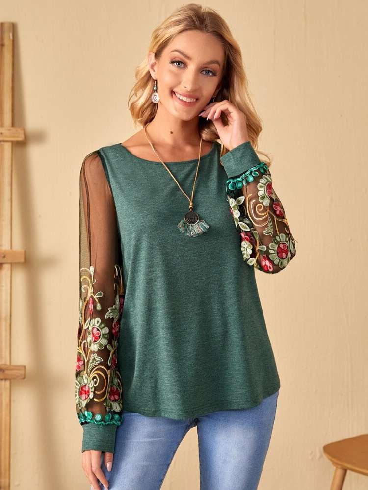  Long Sleeve Green Floral Women Tops 9009