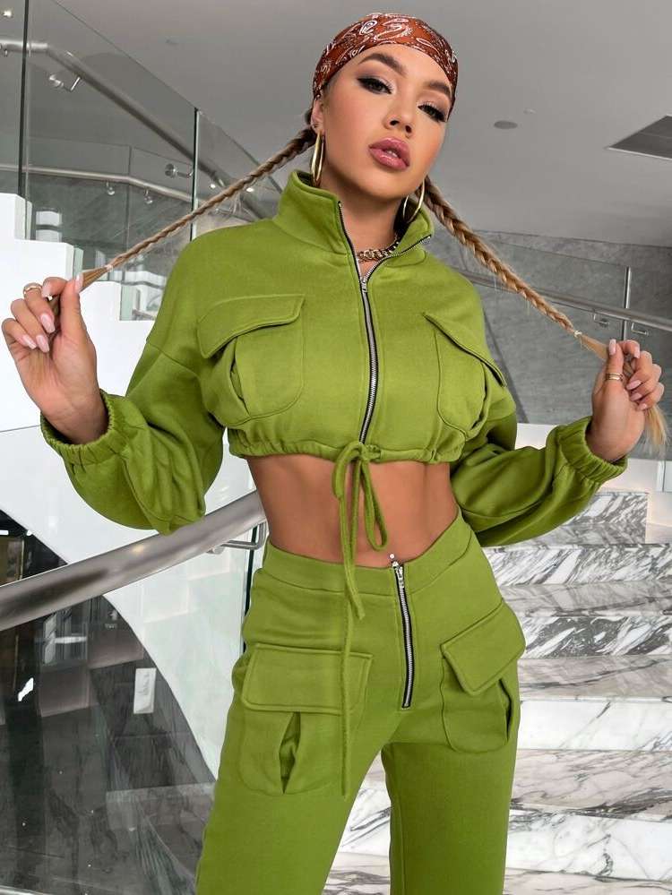 Long Sleeve Stand Collar Green Women Two-piece Outfits 8216