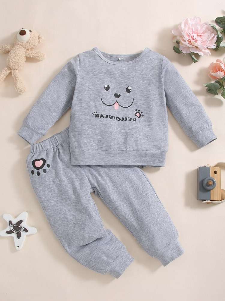 Grey Regular Fit Cartoon Baby Sets 9696