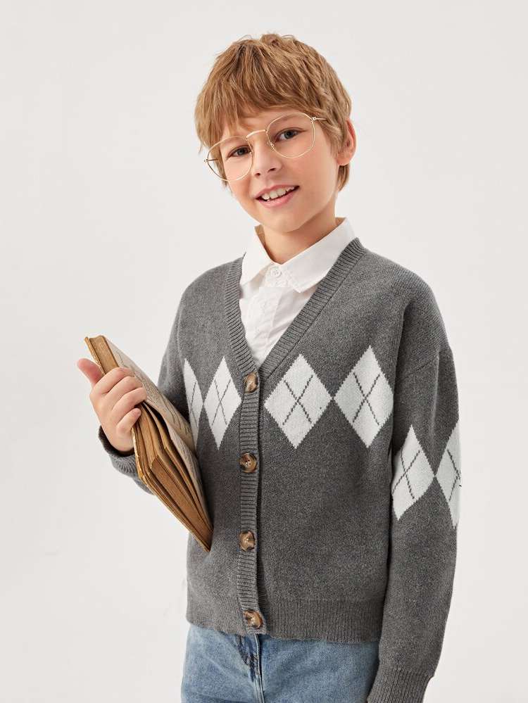 Geometric Button Front Preppy Long Sleeve Boys Clothing 759