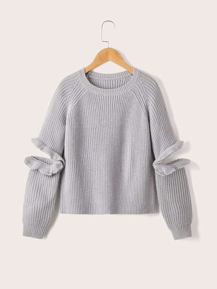 Ruffle Regular Round Neck Grey Girls Sweaters 744