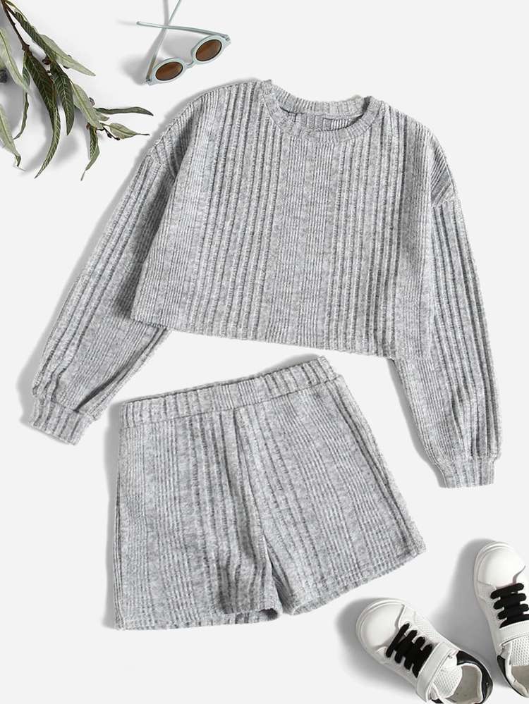 Round Neck Rib-Knit Plain Regular Fit Girls Clothing 6661