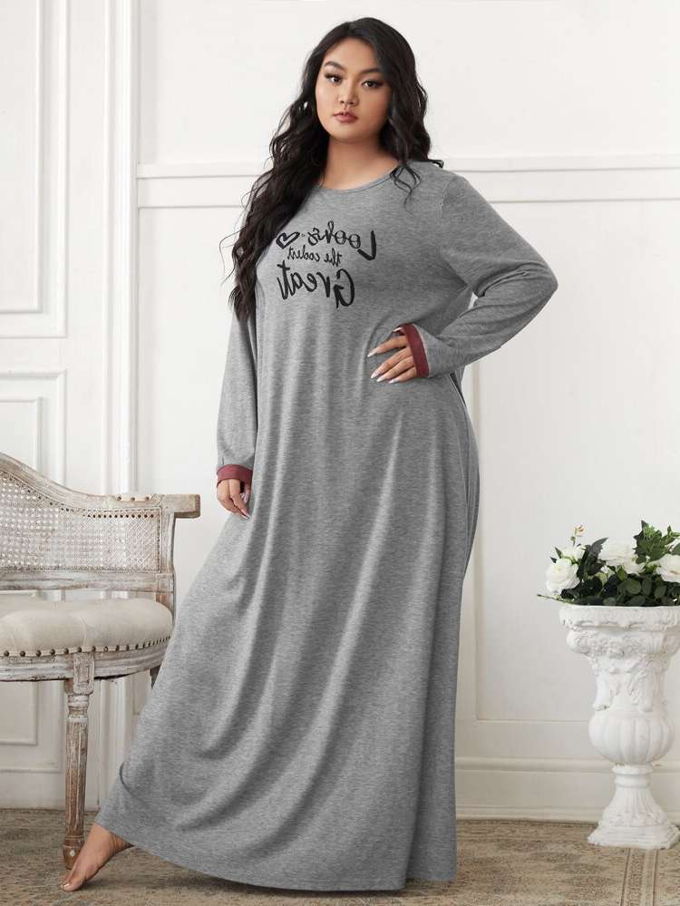 Contrast Binding Long Sleeve Grey Women Plus Sleep  Lounge 789