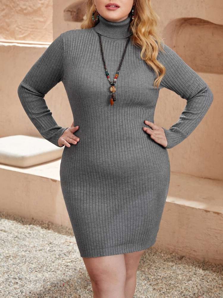  Rib-Knit Short Grey Plus Size Sweater Dresses 2622