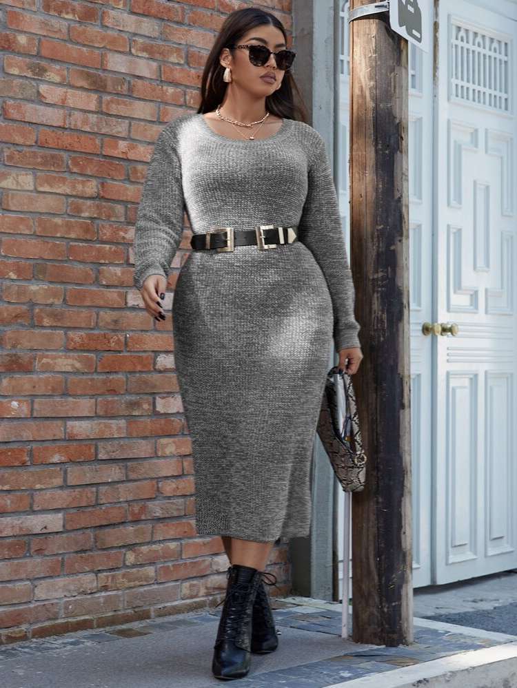 Long Sleeve Elegant Regular Fit Plus Size Sweater Dresses 1719