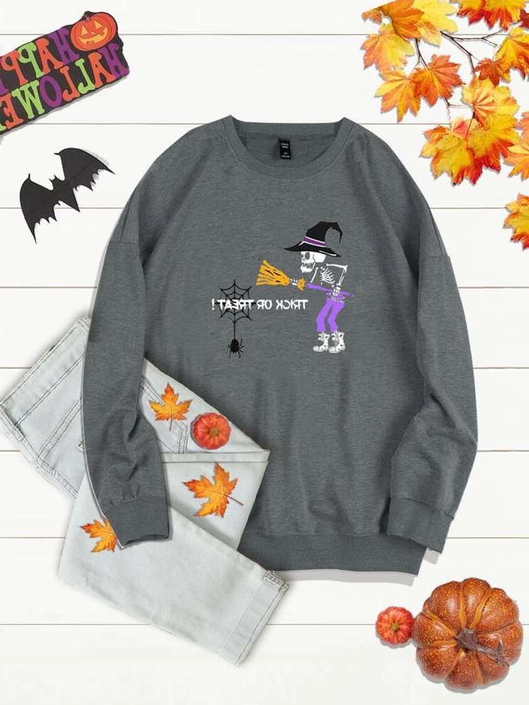 Round Neck Halloween Grey Regular Fit Plus Size Sweatshirts 4960