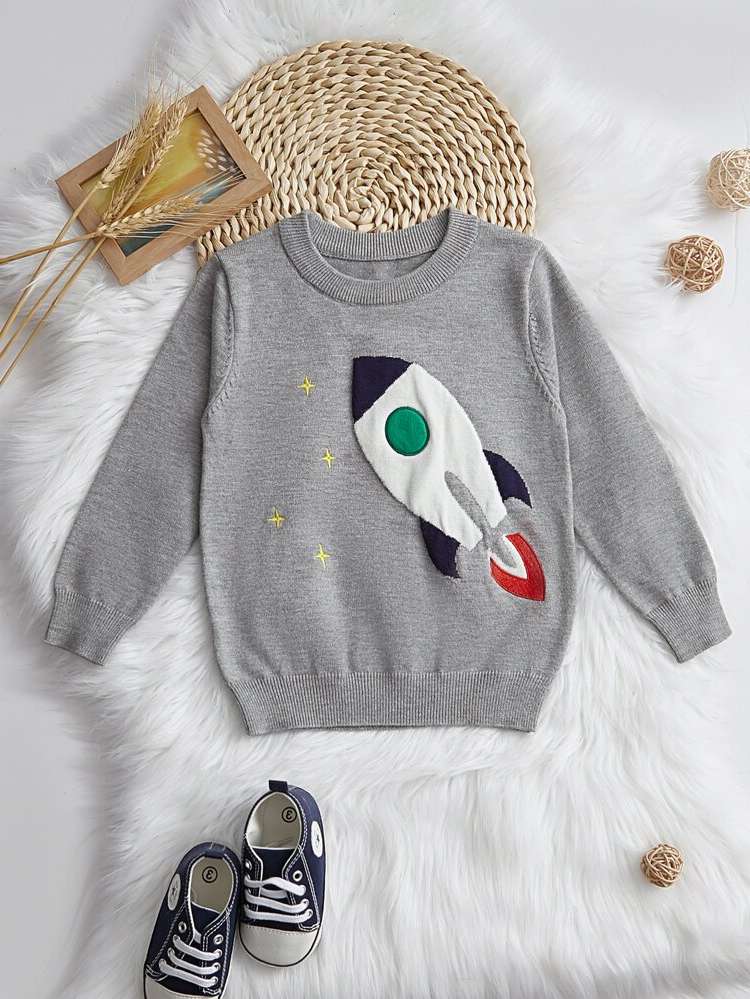 Regular Fit Round Neck Embroidery Long Sleeve Toddler Boy Sweaters 1826