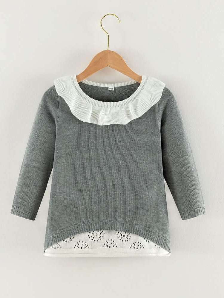 Regular Grey Colorblock Round Neck Toddler Girl Sweaters 8659