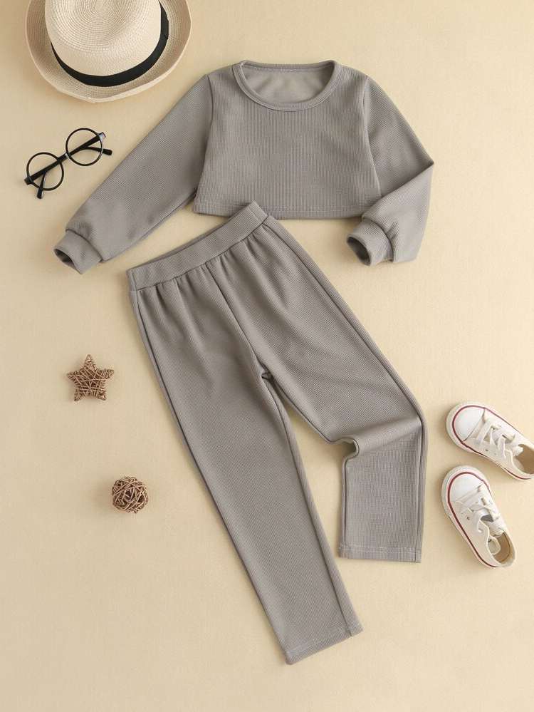 Rib-Knit Casual Plain Toddler Girl Two-piece Outfits 1733