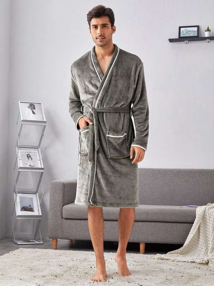 Plain Grey V neck Men Loungewear Robes 5846