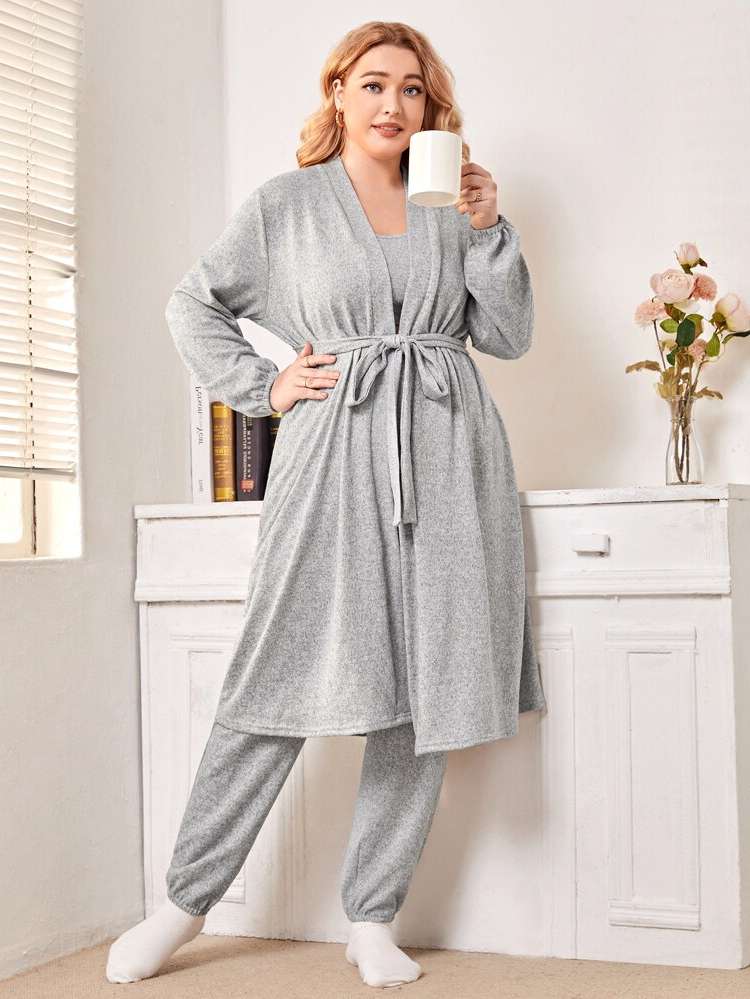 Belted Grey Spaghetti Strap Long Sleeve Women Plus Sleep  Lounge 8429