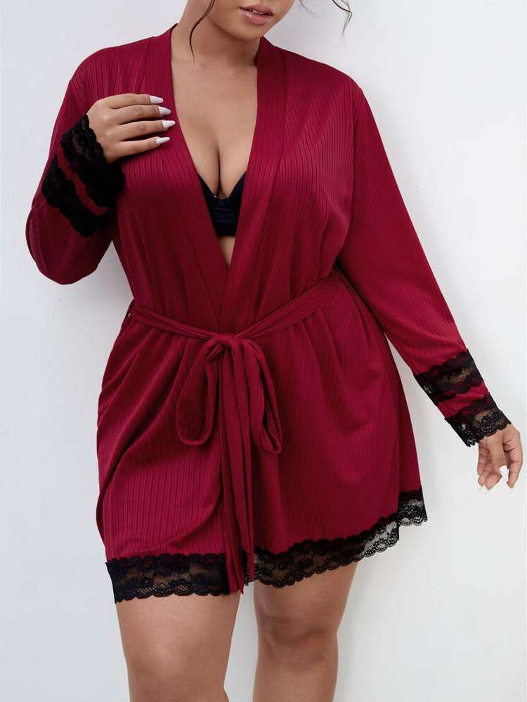  Belted Grey Elegant Plus Size Robes  Robe Sets 5795