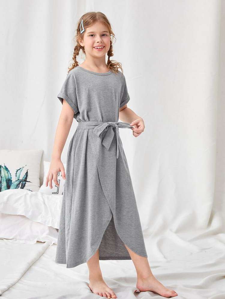 Belted Round Neck Casual Kids Underwear  Sleepwear 7902