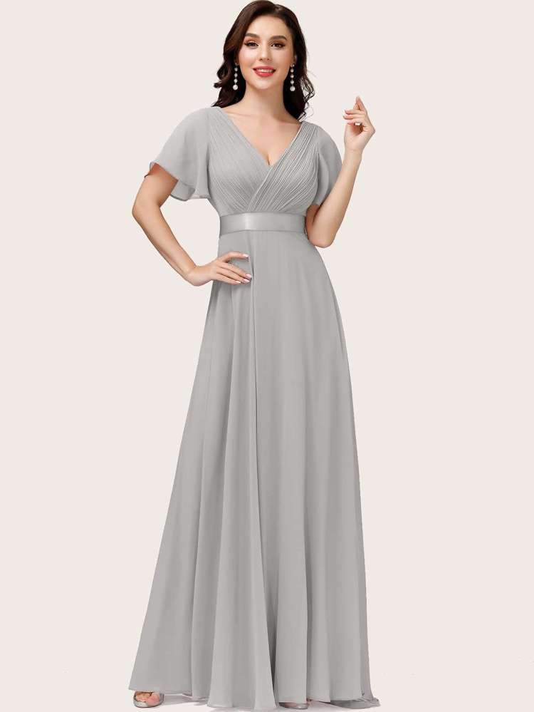 Grey V neck Short Sleeve Maxi Weddings  Events 8334