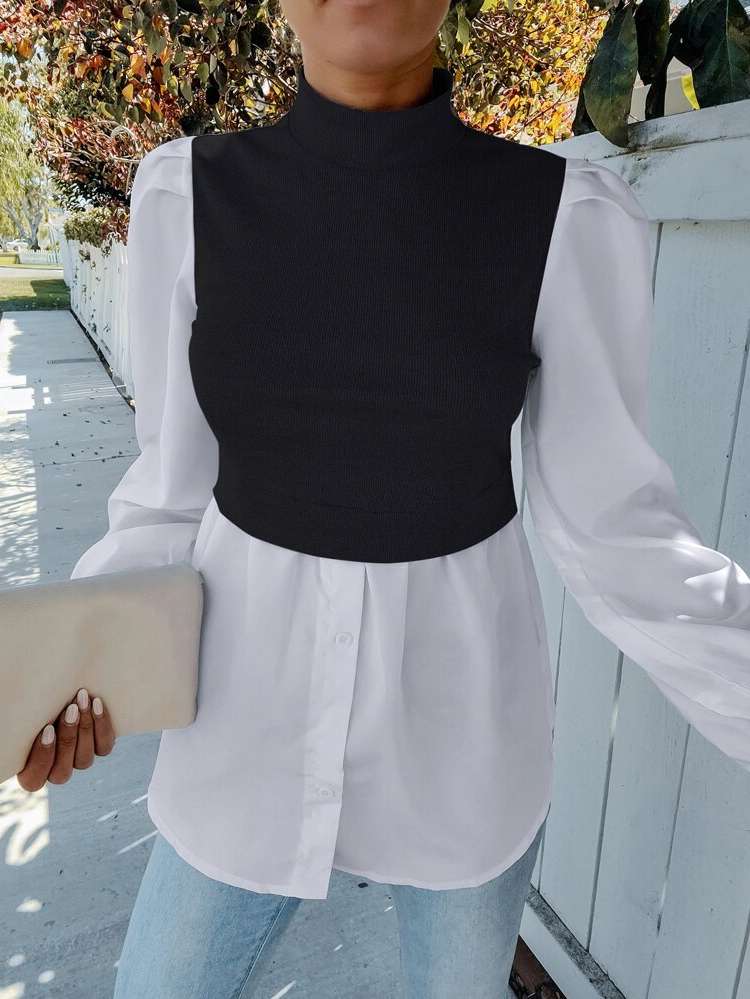 Long Stand Collar Colorblock Button Women Tops, Blouses  Tee 447