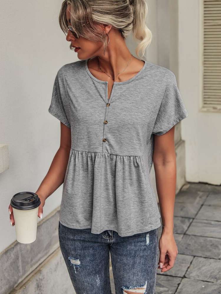 Fake Buttons Grey Plain Short Sleeve Women Tops, Blouses  Tee 5689