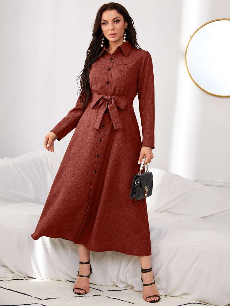 Belted Regular Fit Long Sleeve Long Women Dresses 9942