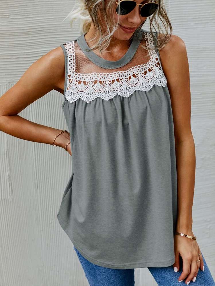 Round Neck Contrast Lace Colorblock Long Women Tops, Blouses  Tee 66