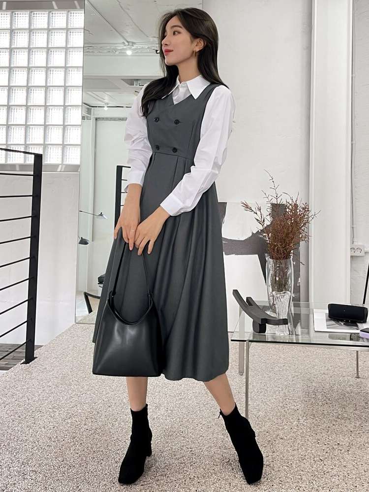 Elegant Midi Double Button V neck Women Clothing 9859