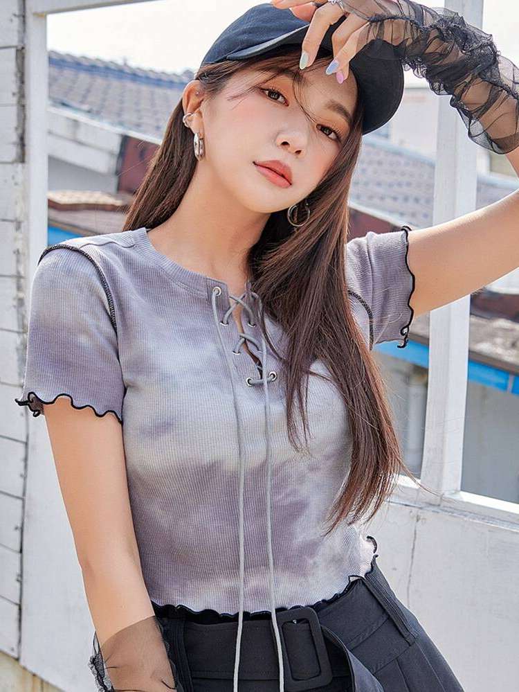 Round Neck Short Sleeve Crop Women T-Shirts 9244