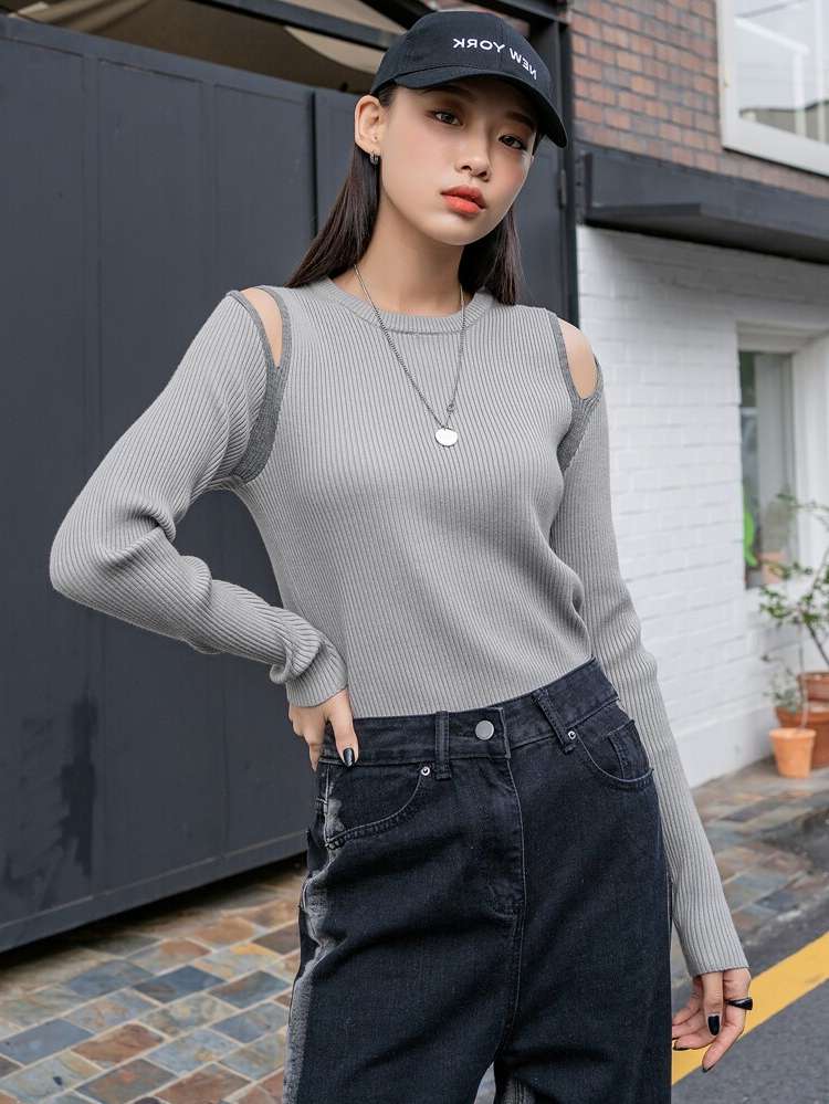 Grey Long Sleeve Cut Out Casual Women Clothing 6374