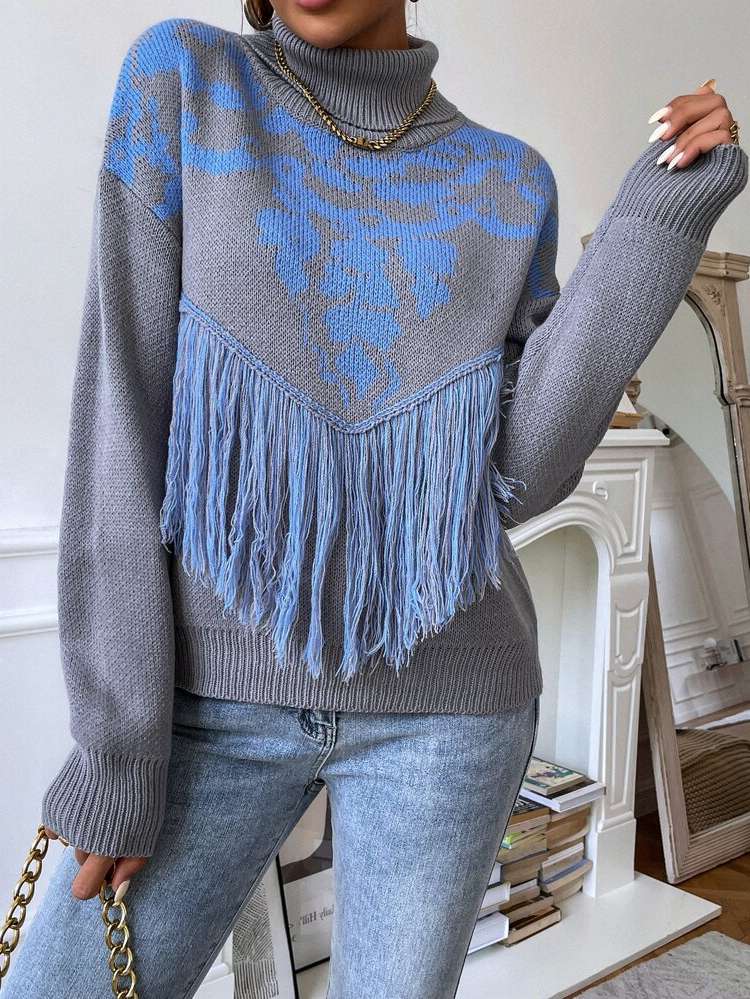 High Neck Fringe Regular Fit Grey Women Sweaters 7527