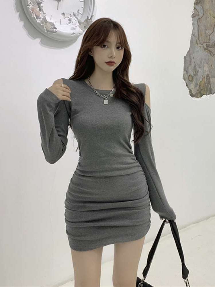 Cold Shoulder Plain Long Sleeve Mini Women Clothing 2506