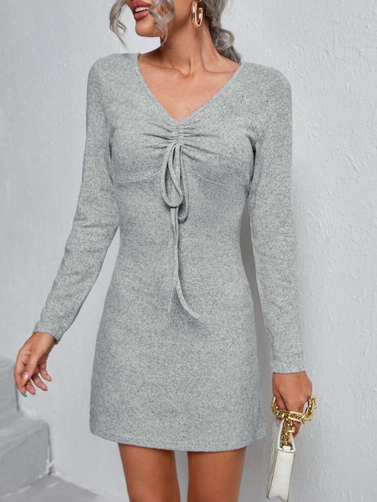 Grey Ruched Short V neck Women Dresses 6409