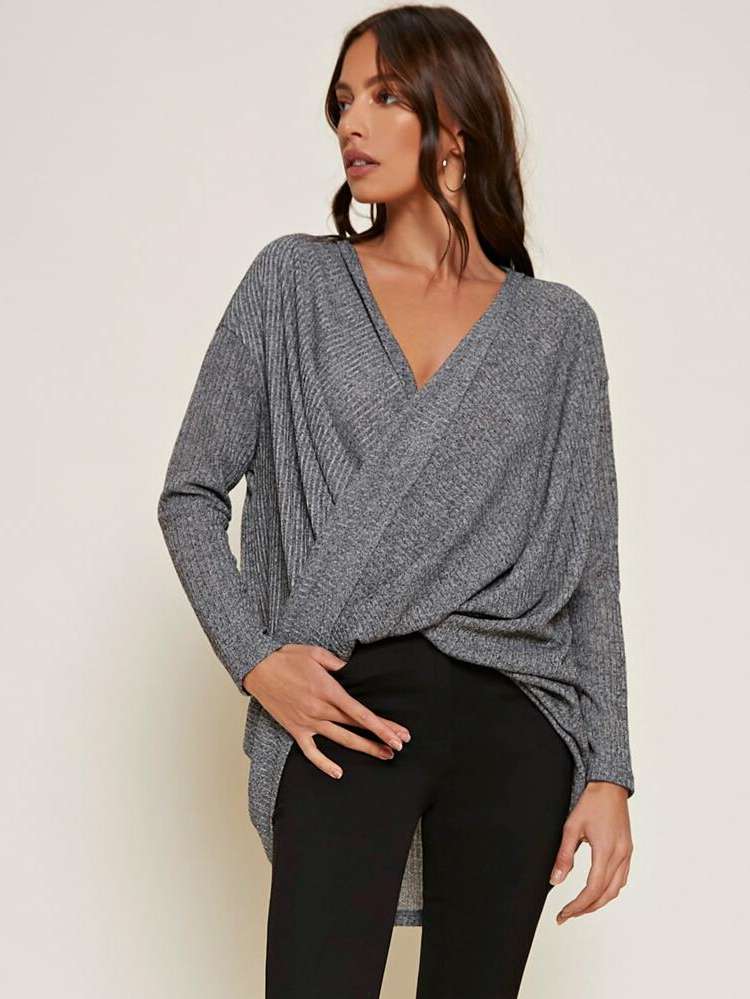 V neck Regular Fit Grey Long Women Clothing 1982