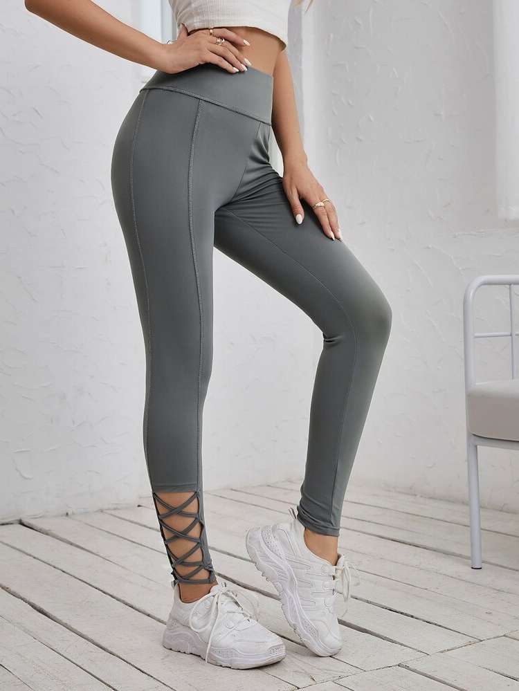 Long Plain Cut Out Women Leggings 5867