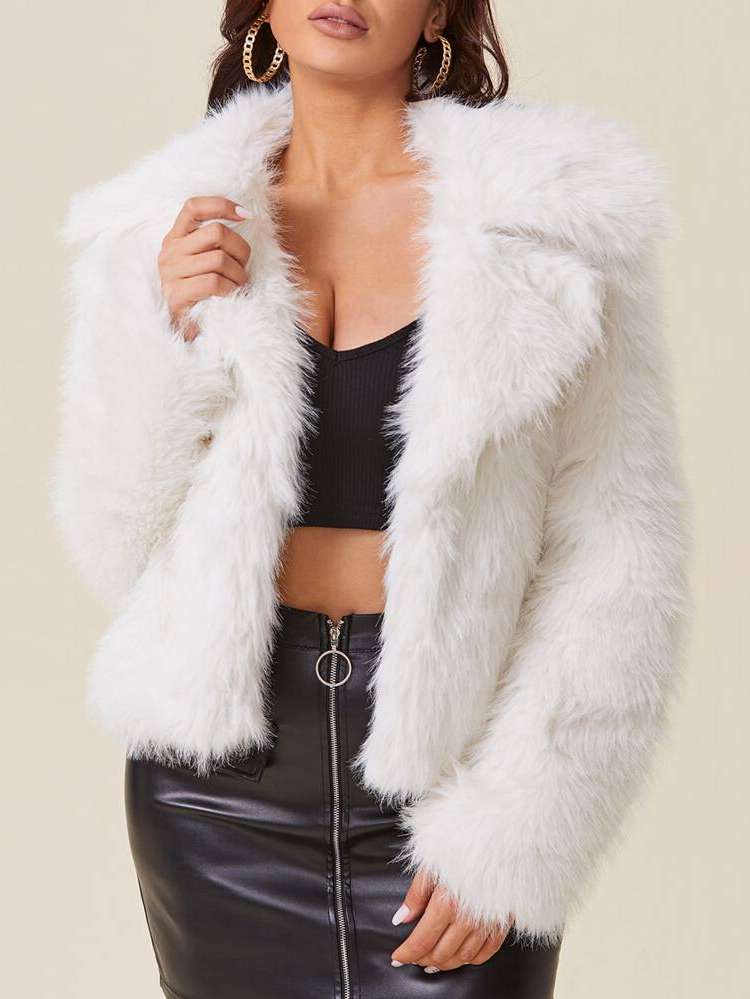 Glamorous Grey Notched Women Faux Fur Coats 7618