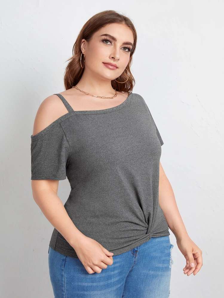 Regular Grey Asymmetrical Neck Plus Size Tops 6814