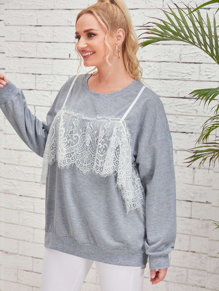 Contrast Lace Grey Round Neck Colorblock Women Plus Clothing 12