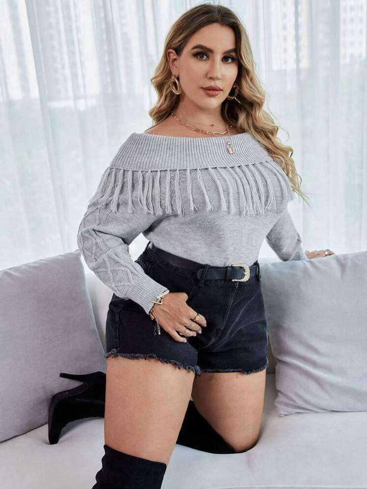 Regular Long Sleeve Regular Fit Fringe Plus Size Knitwear 867