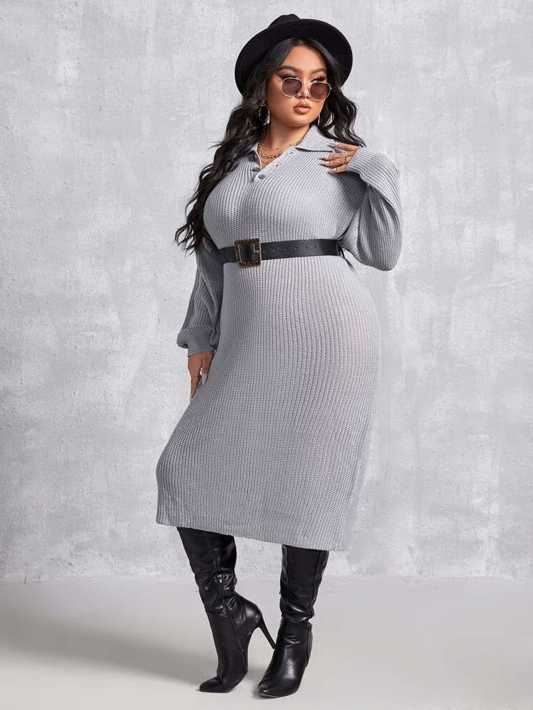 Grey Midi Button Plain Women Plus Clothing 7206