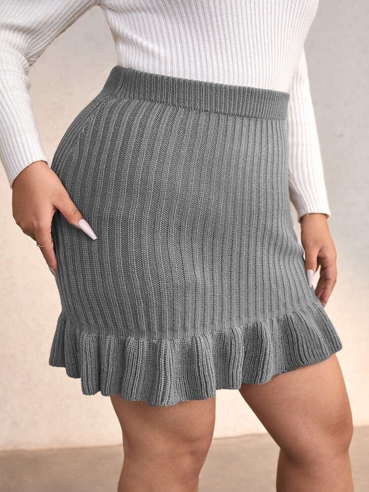  Grey Short Ruffle Hem Plus Size Sweater Skirts 675