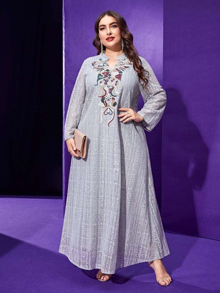 Embroidery Grey Long Sleeve Plus Size Dresses 373