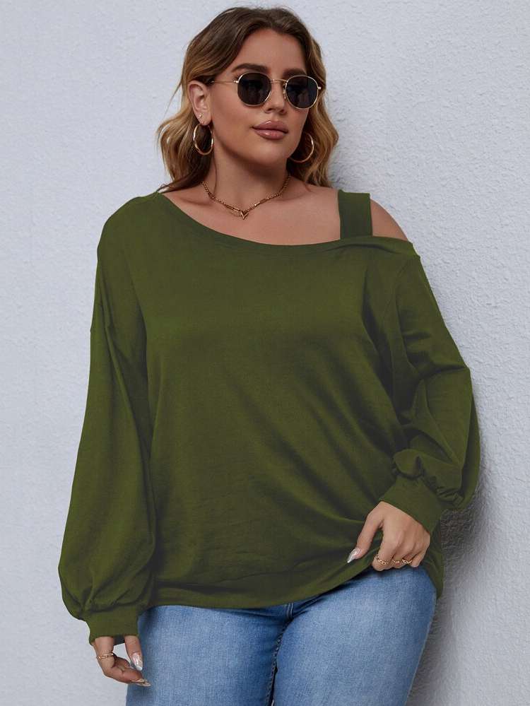 Regular Regular Fit Grey Asymmetrical Neck Plus Size Sweatshirts 590