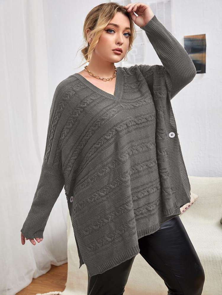 Oversized Button Grey Plain Plus Size Sweaters 3055