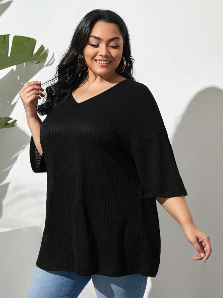 Plain Casual V neck Rib-Knit Plus Size Tops 6834